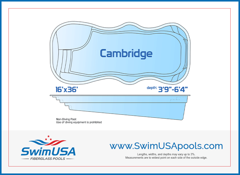 Cambridge large natural inground fiberglass pool with built-in tanning ledge