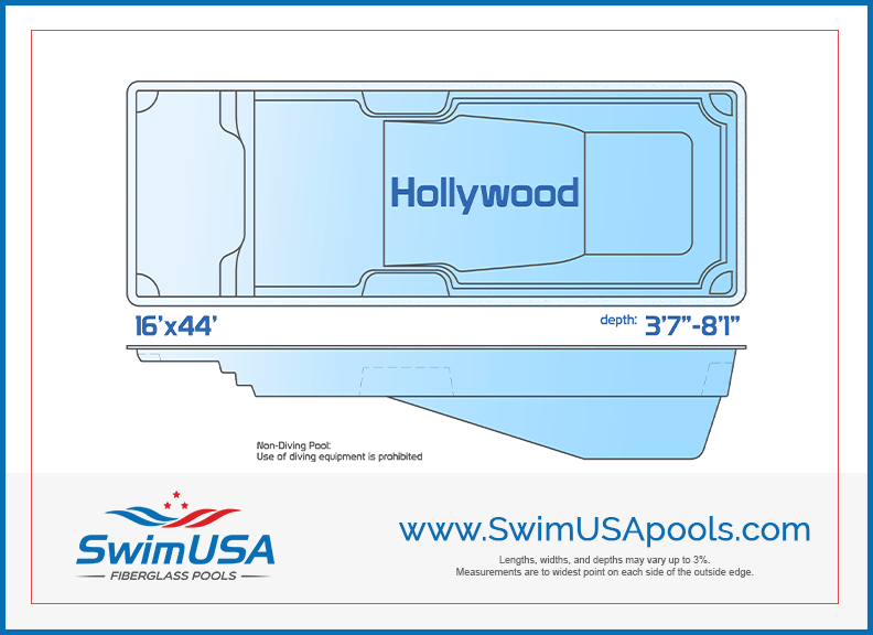Hollywood large rectangle inground fiberglass pool with built-in tanning ledge